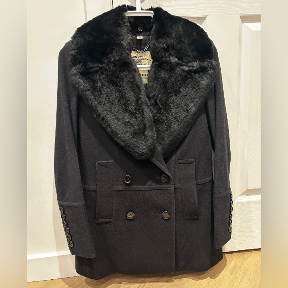 Burberry Black Pea Coat with Fur Collar